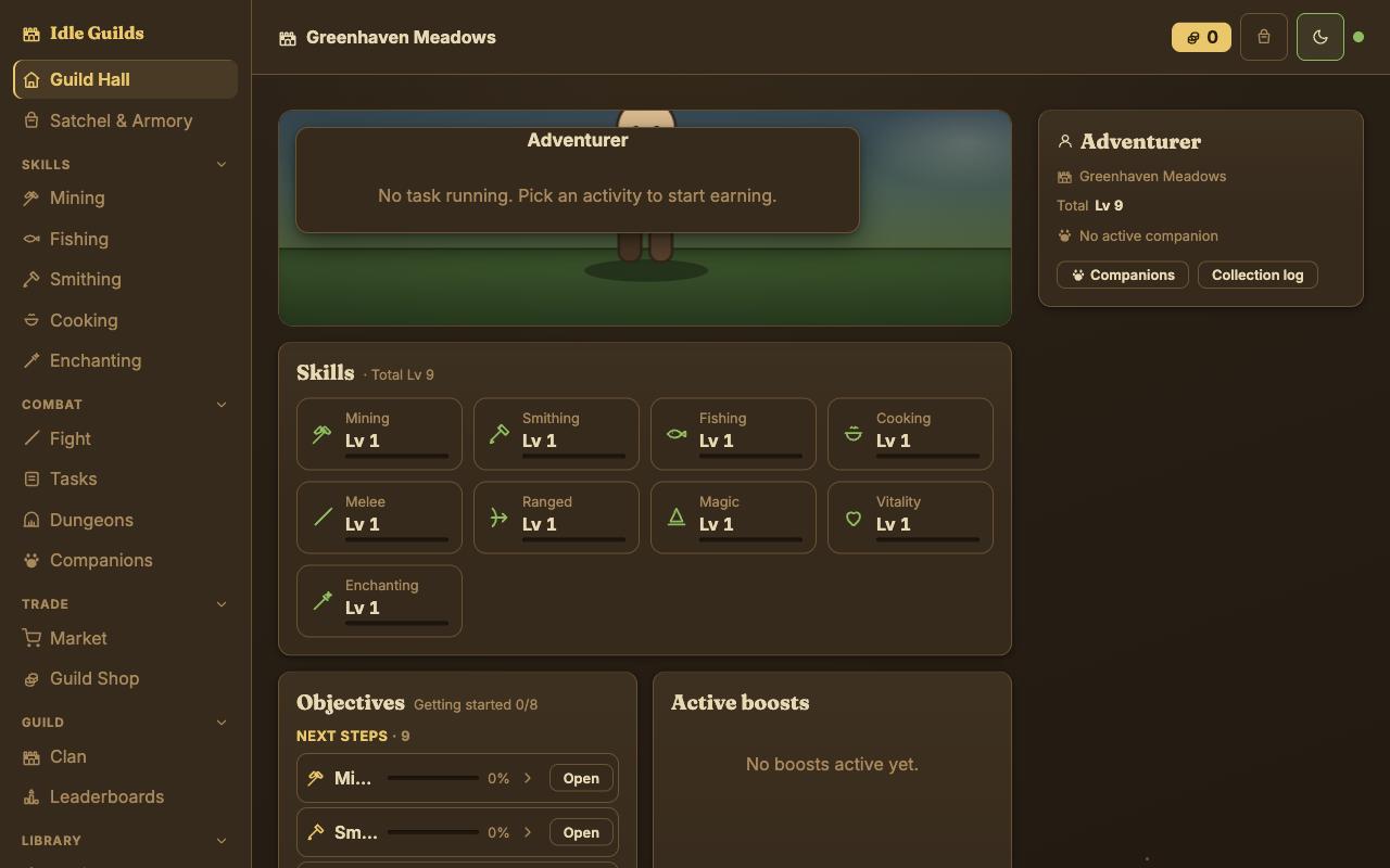 Idle Guilds desktop dashboard showing a new adventurer, the skill list, objectives, and active boosts in a dark ochre interface.